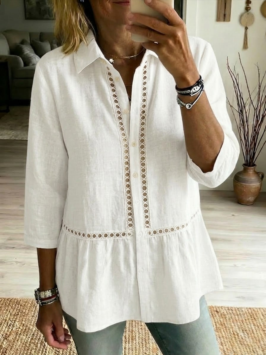 Women's Patchwork Linen Cotton Shirt - Casual Openwork Summer Blouse