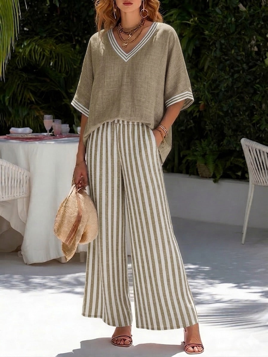 Women's Striped Linen Cotton Set - Casual Top and Trousers Outfit