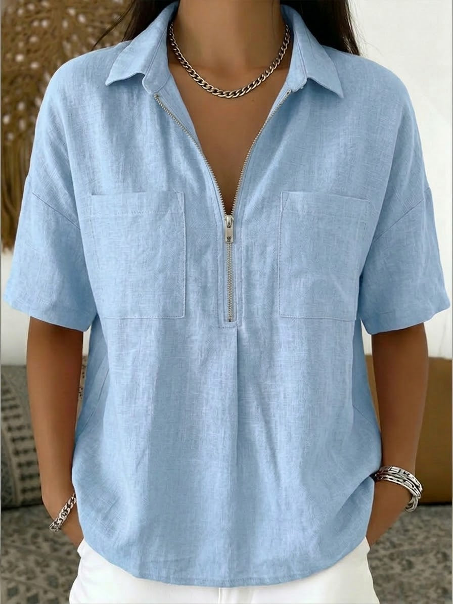 Women's Half-Zip Linen Cotton Shirt - Casual Summer Blouse