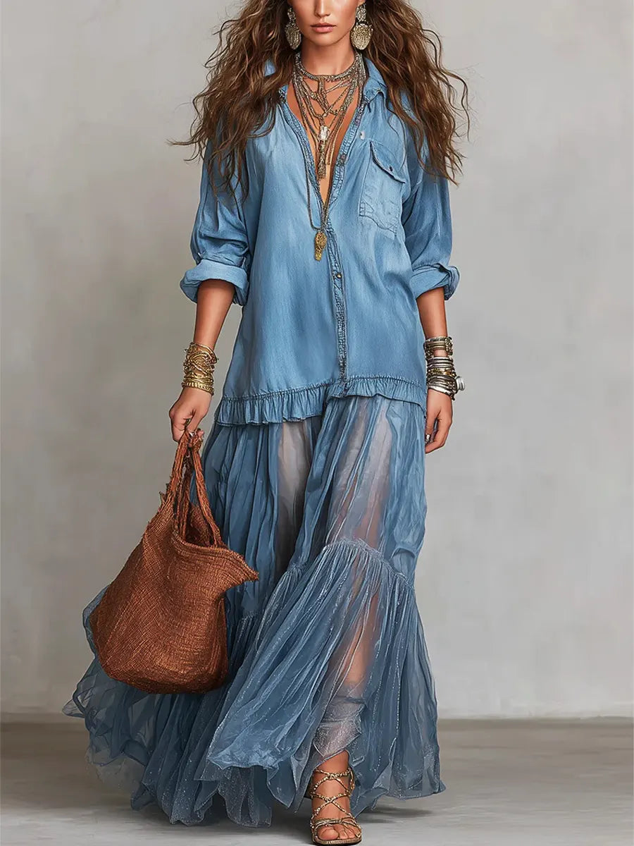 Women's Denim Patchwork Maxi Dress - Retro Organza Shirt Dress