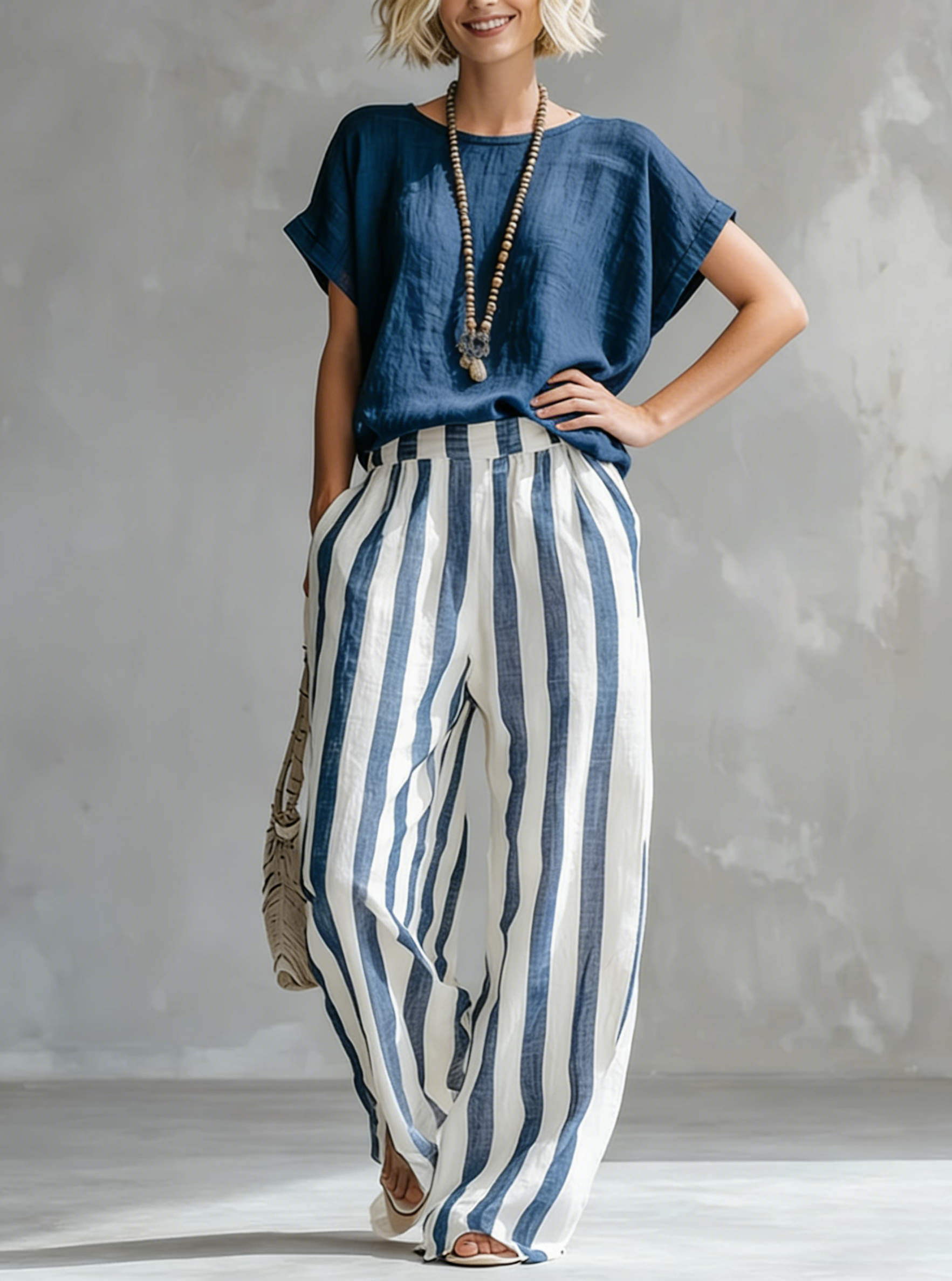 Women's Striped Cotton Linen Set - Casual Loose Two-Piece Outfit
