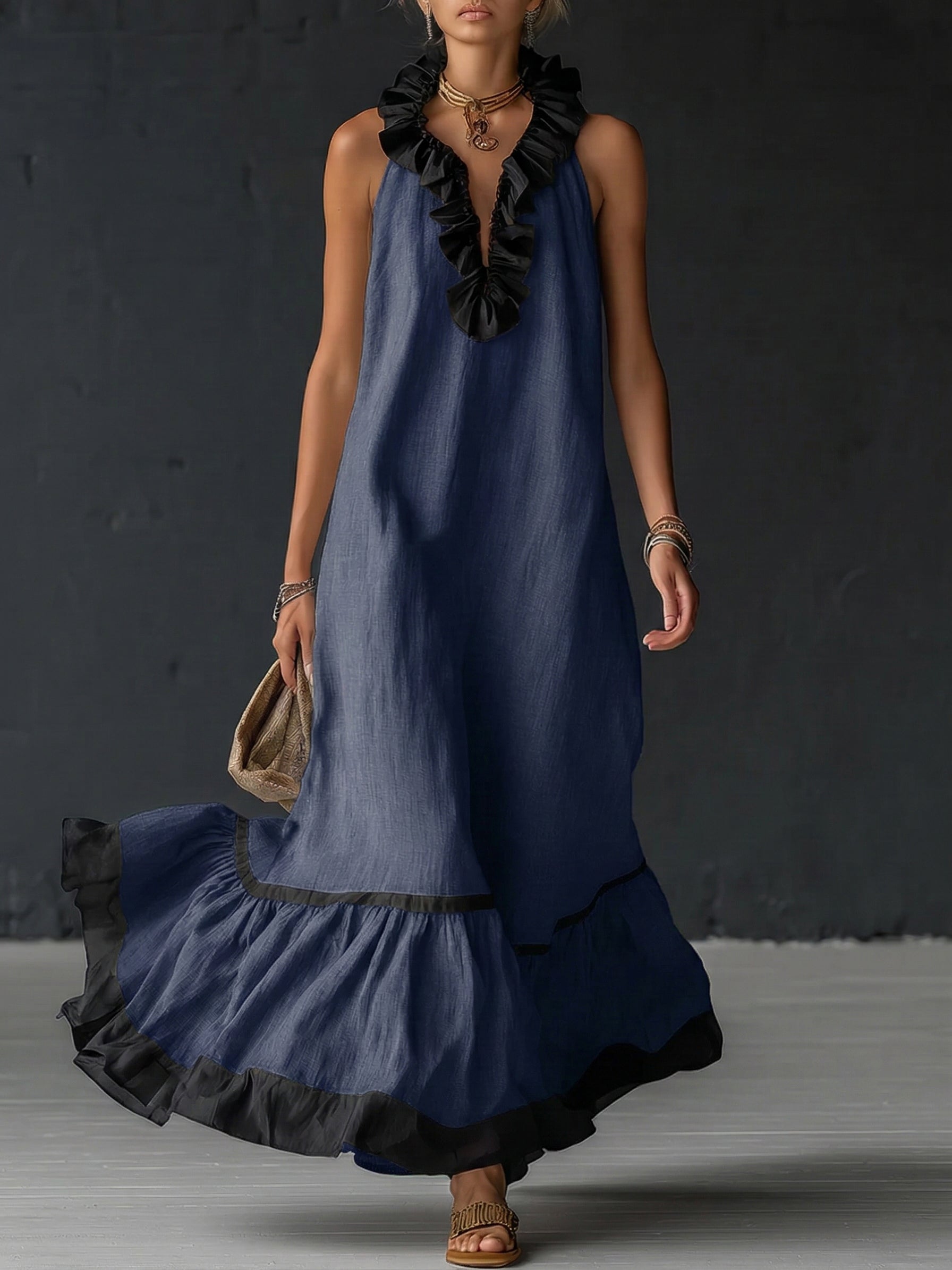 Women's Ruffled Color Block Maxi Dress - Elegant Romantic Summer Dress