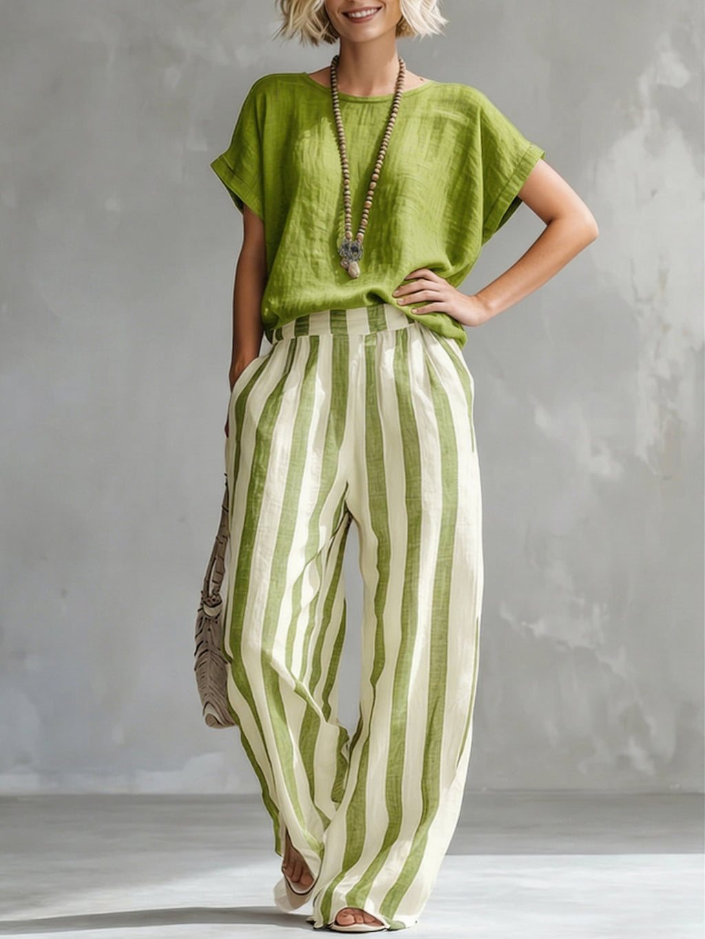 Women's Striped Cotton Linen Set - Casual Loose Two-Piece Outfit