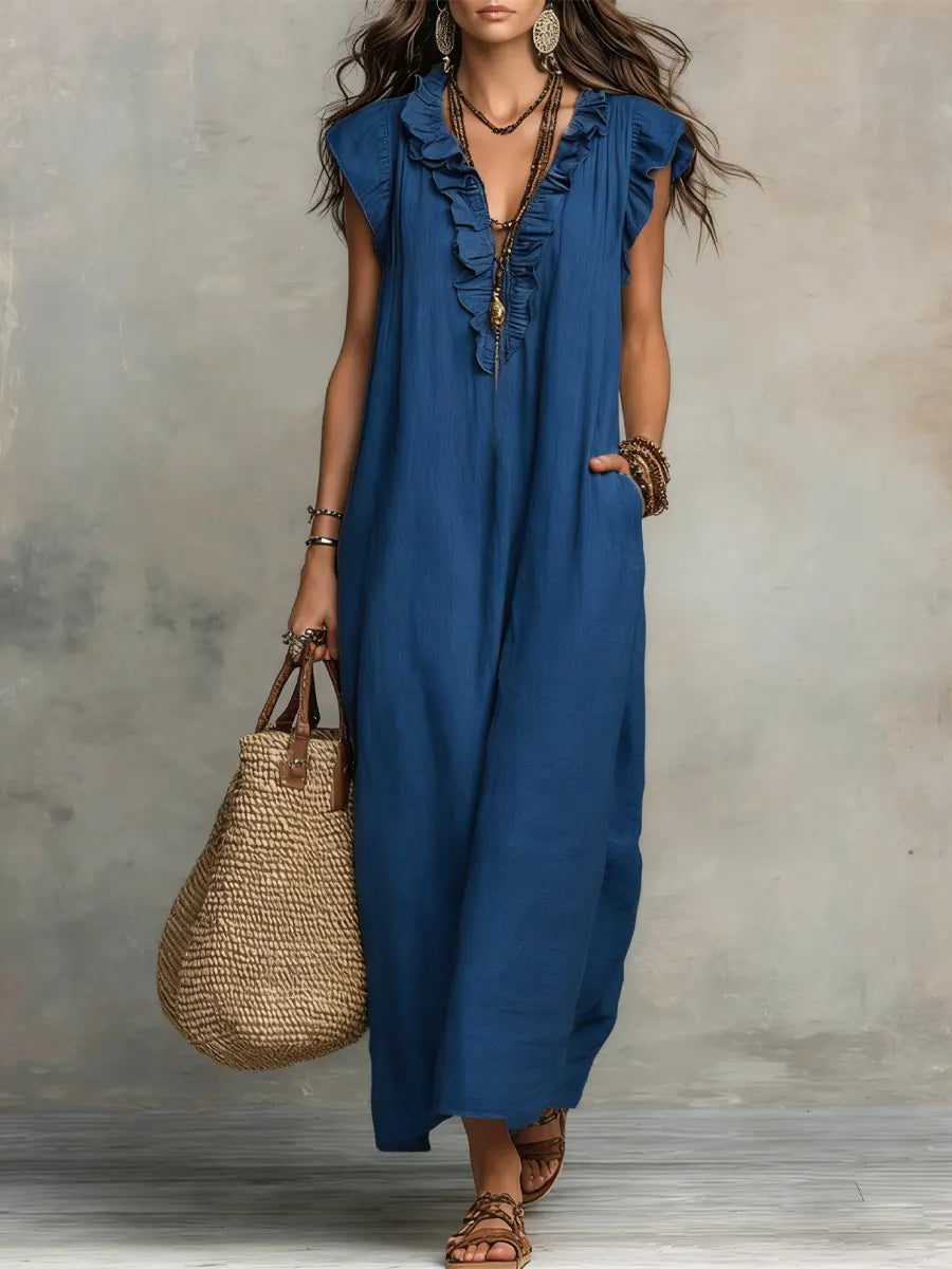 Women's Ruffled Cotton Linen Dress - Casual Summer Dress