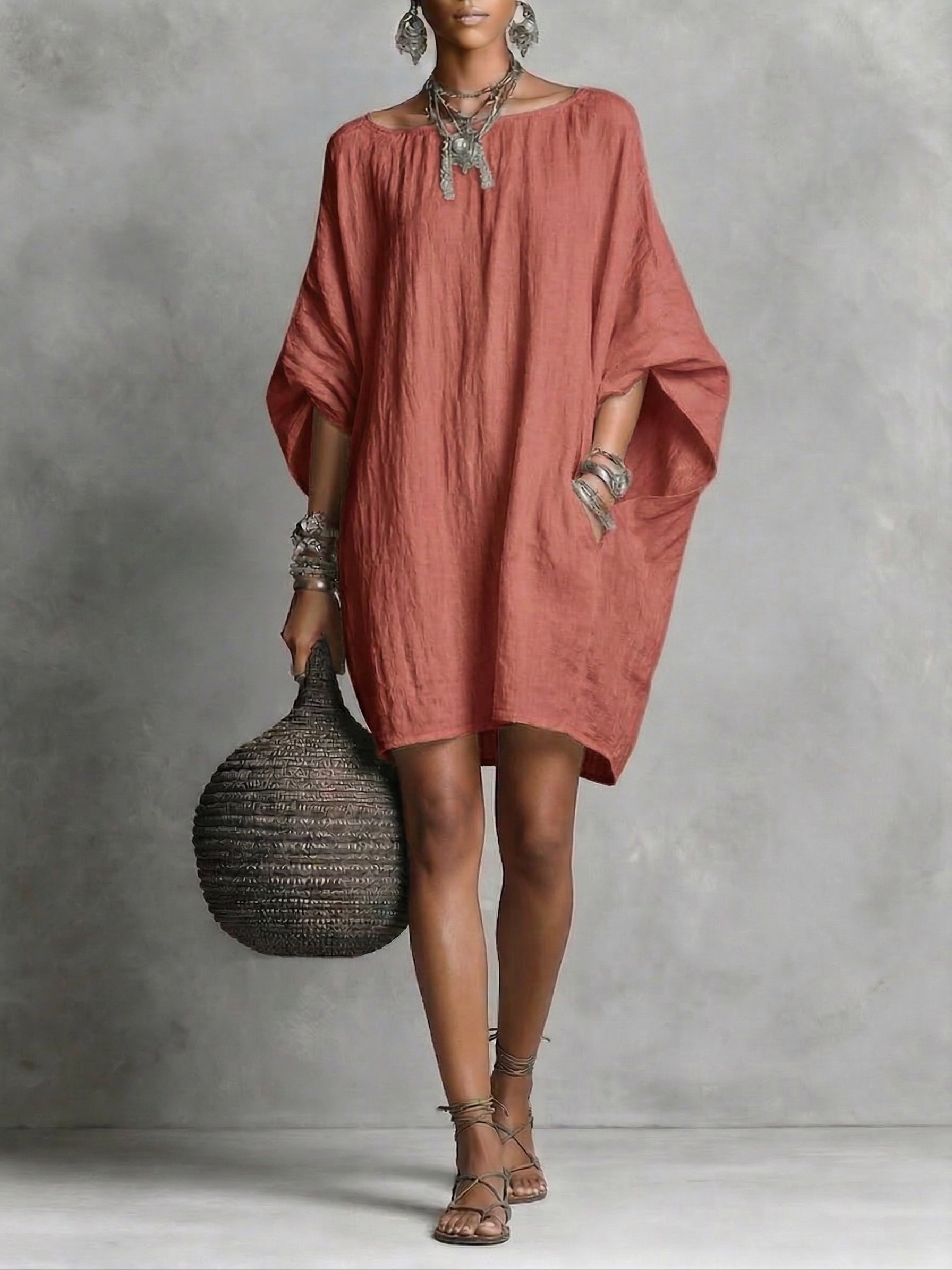 Women's Cotton Linen Dress - Casual Summer Midi Dress