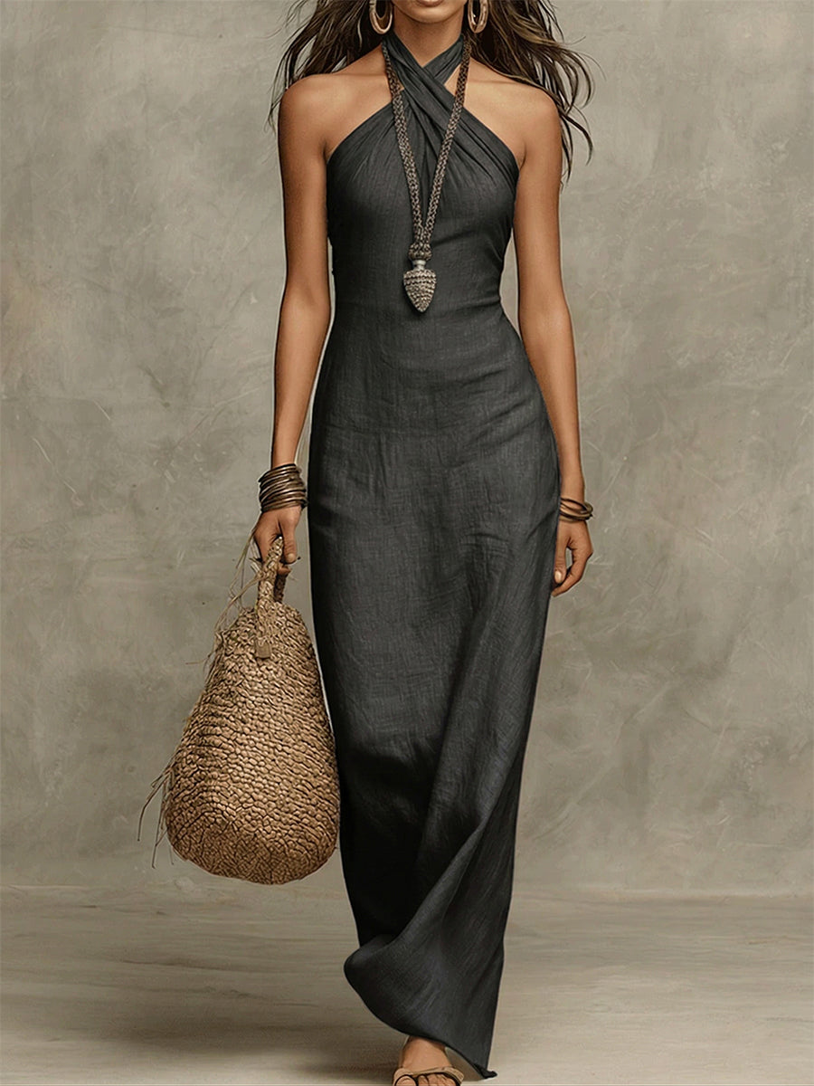 Women's Halter Neck Cotton Linen Maxi Dress - Elegant Summer Dress