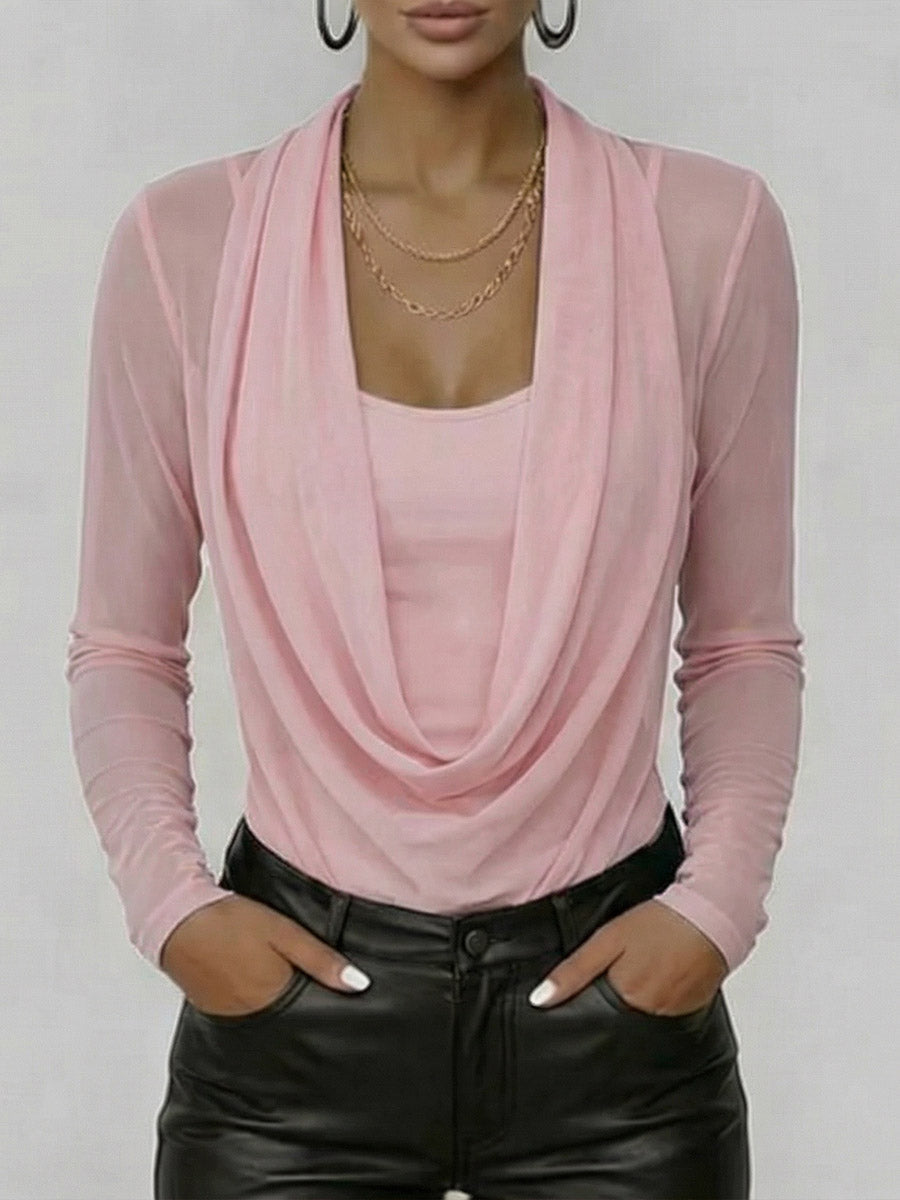 Women's Sheer Mesh Top - Casual Long Sleeve Swing Neck Blouse