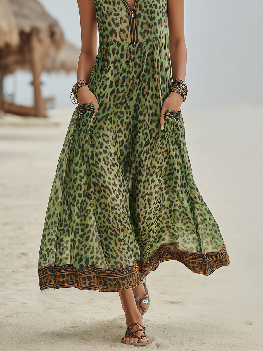 Women's Leopard Print Hooded Dress - Casual Midi Vacation Dress
