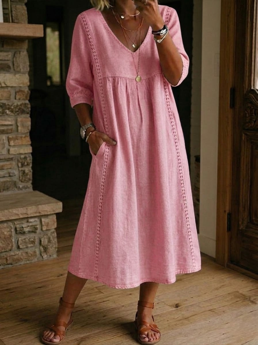 Women's Lace Trim Linen Cotton Dress - Casual Loose Summer Dress