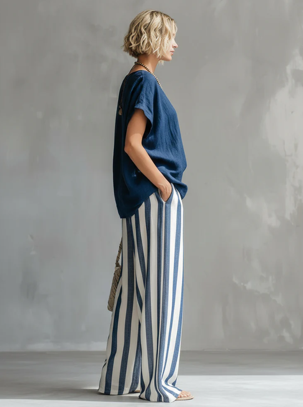 Women's Striped Cotton Linen Set - Casual Loose Two-Piece Outfit