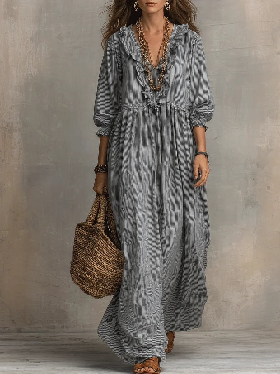 Women's Striped Maxi Dress - Casual Ruffled Vacation Dress