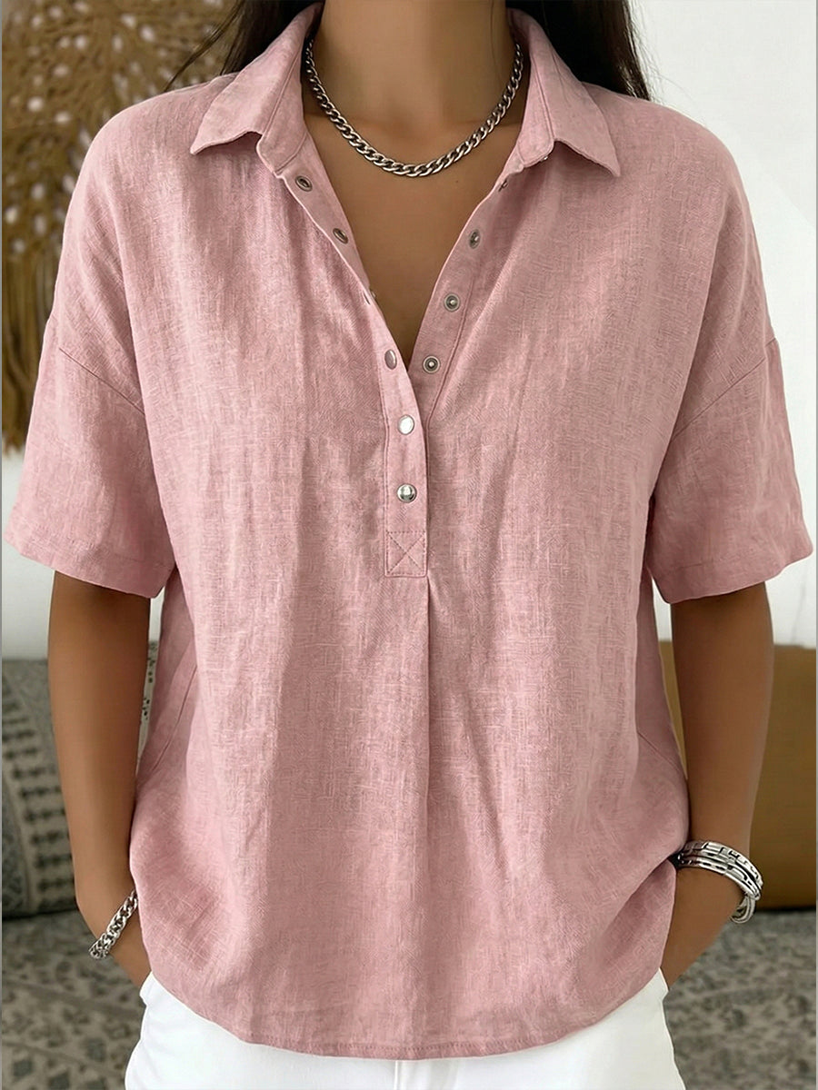 Women's Cotton Linen Polo Shirt - Casual Short Sleeve Summer Top