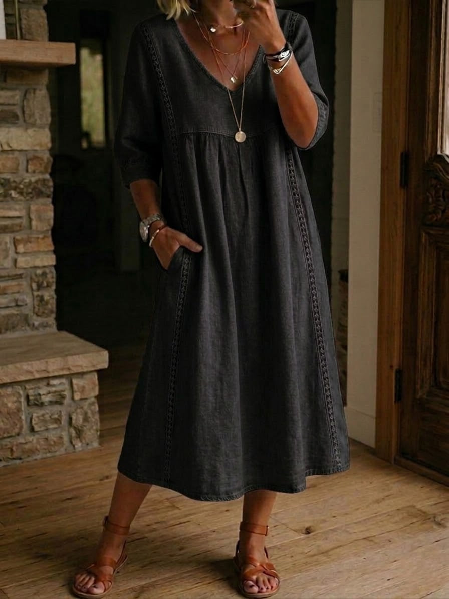 Women's Lace Trim Linen Cotton Dress - Casual Loose Summer Dress