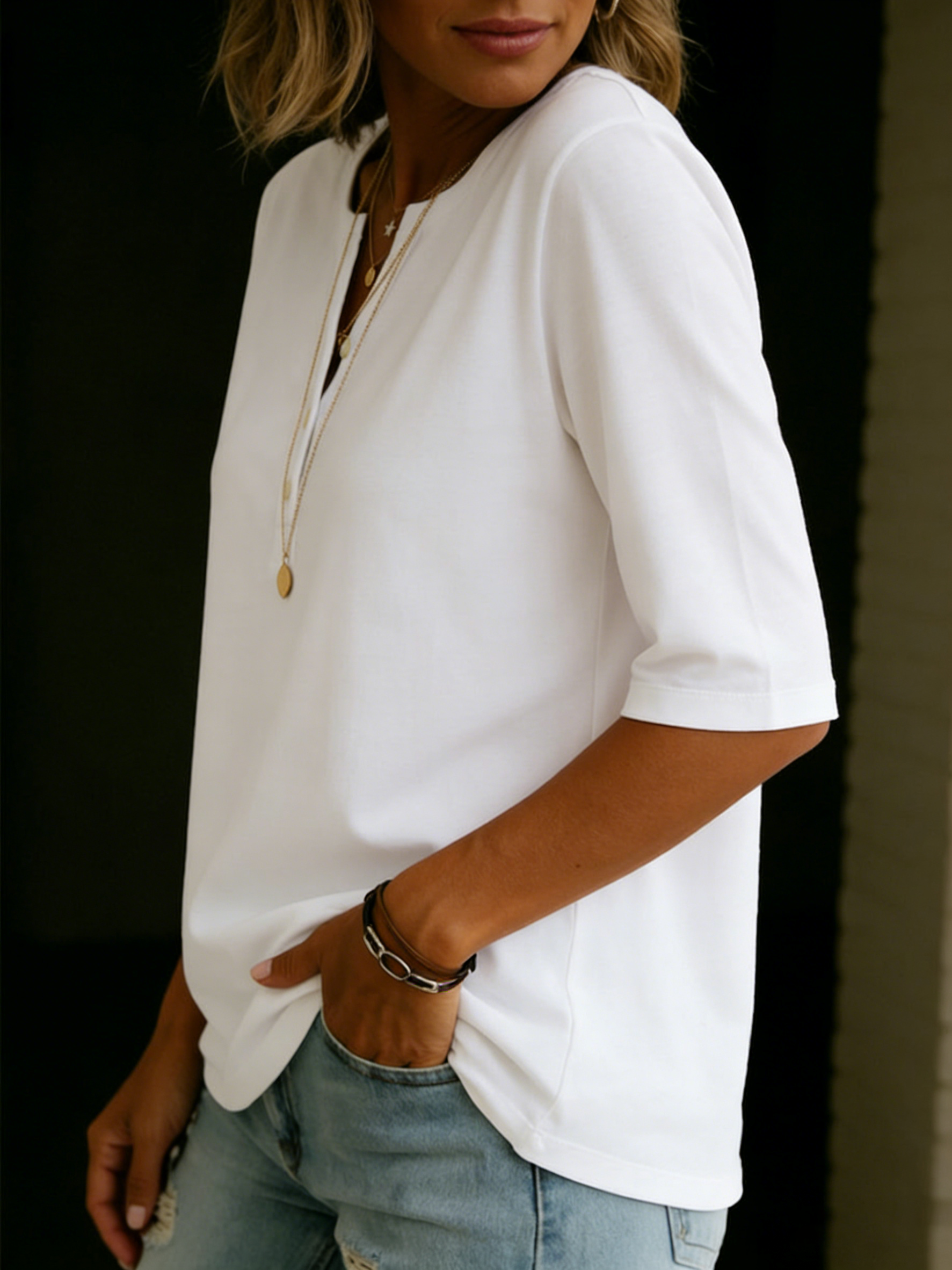 Women's Henley Cotton T-Shirt - Casual Everyday Summer Top