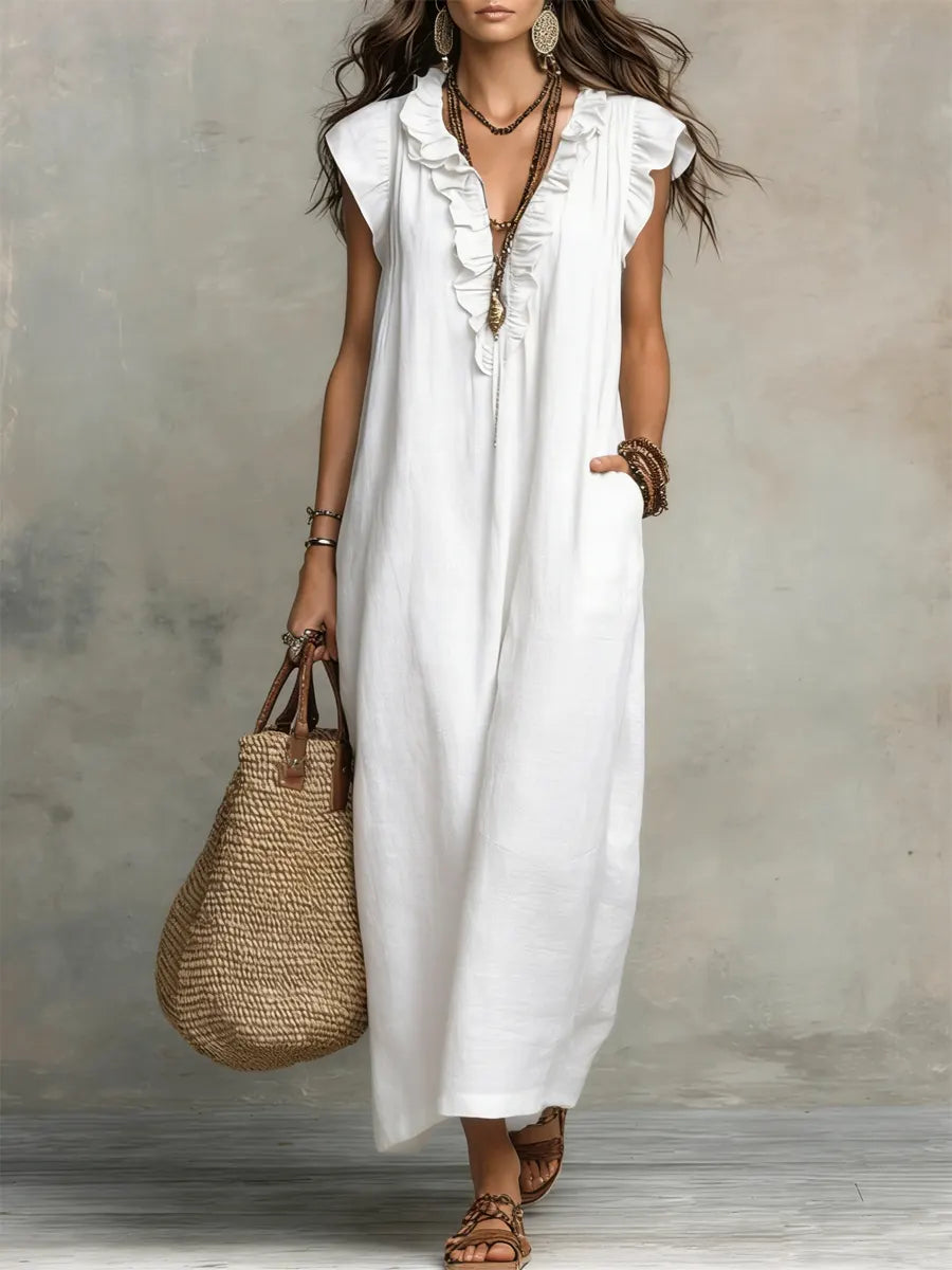 Women's Ruffled Cotton Linen Dress - Casual Summer Dress
