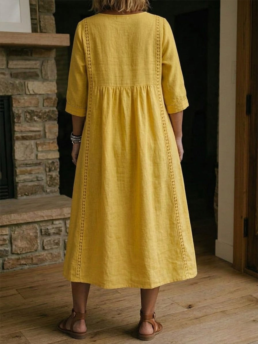 Women's Lace Trim Linen Cotton Dress - Casual Loose Summer Dress