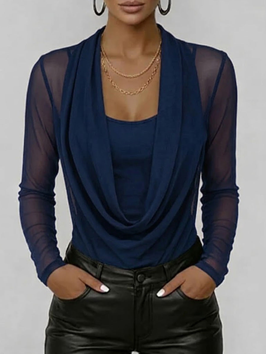 Women's Sheer Mesh Top - Casual Long Sleeve Swing Neck Blouse