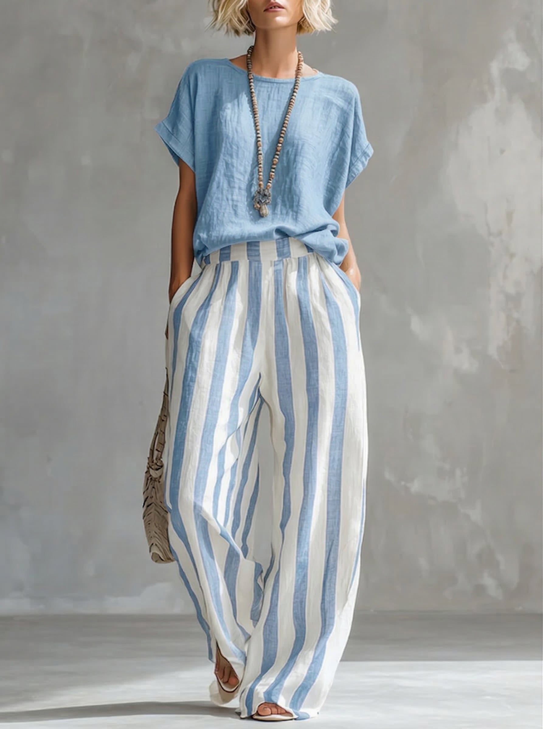 Women's Striped Cotton Linen Set - Casual Loose Two-Piece Outfit