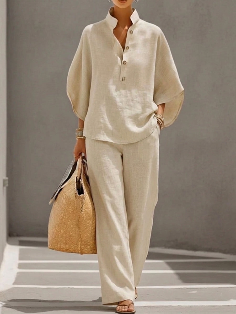 Women's Batwing Linen Cotton Set - Casual Top and Trousers Outfit