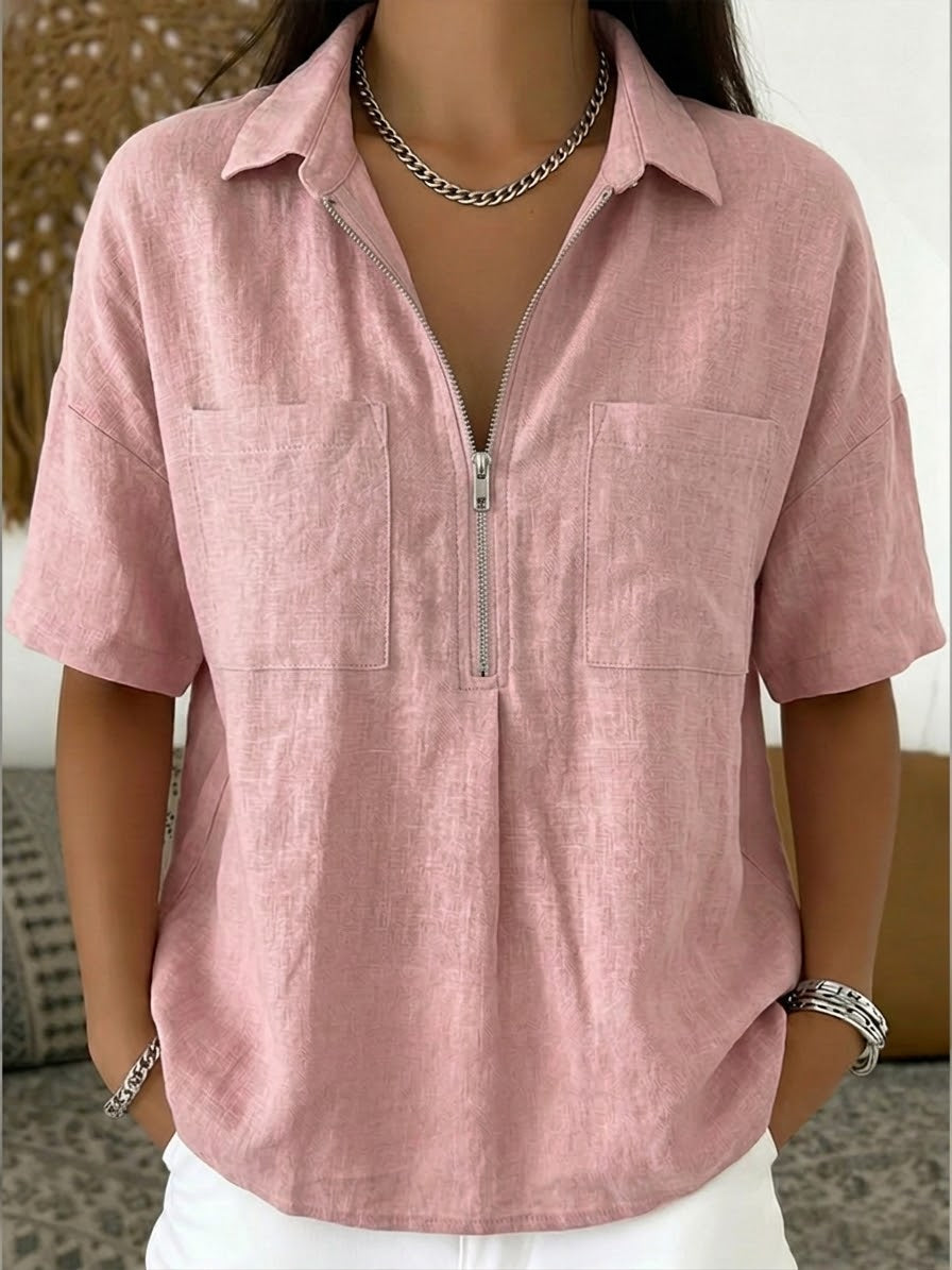 Women's Half-Zip Linen Cotton Shirt - Casual Summer Blouse