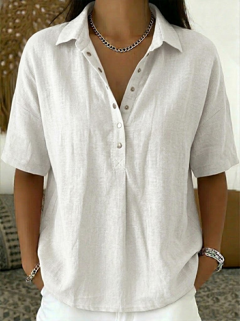 Women's Cotton Linen Polo Shirt - Casual Short Sleeve Summer Top