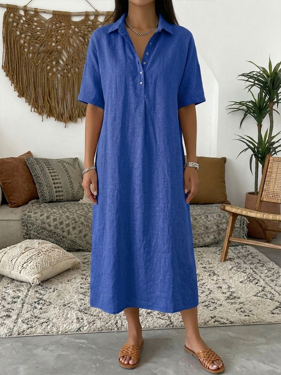 Women's Cotton Linen Polo Dress - Casual Short Sleeve Summer Dress