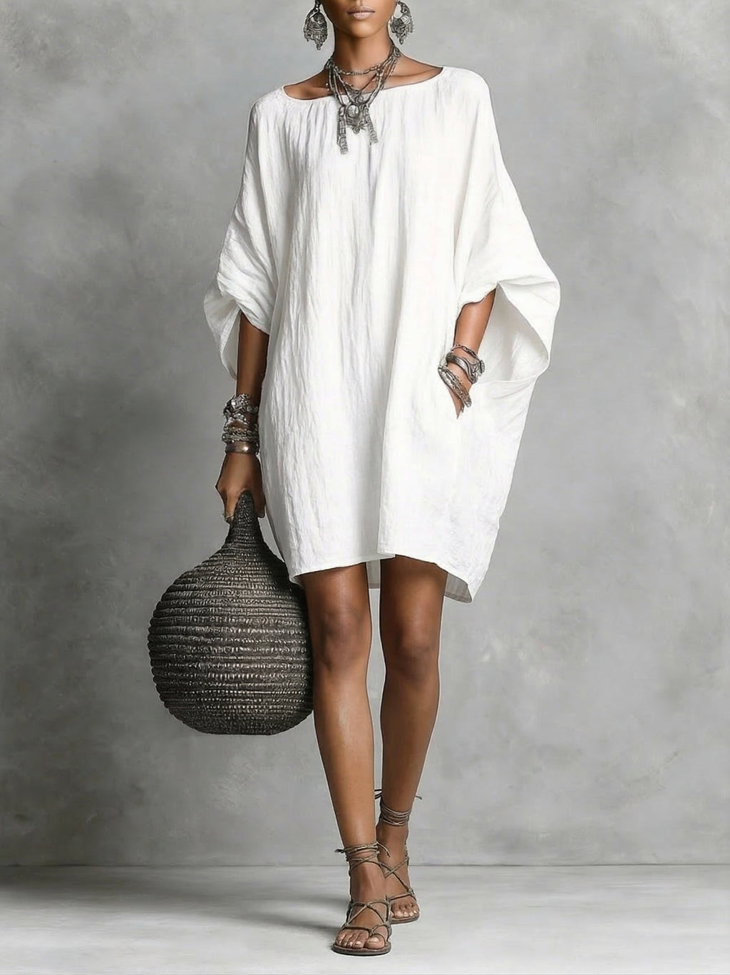 Women's Cotton Linen Dress - Casual Summer Midi Dress