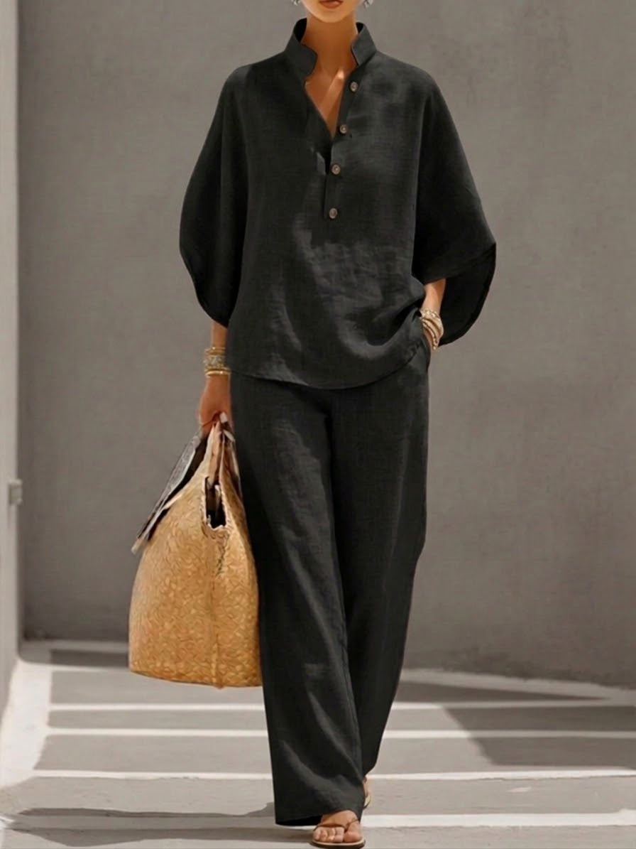 Women's Batwing Linen Cotton Set - Casual Top and Trousers Outfit