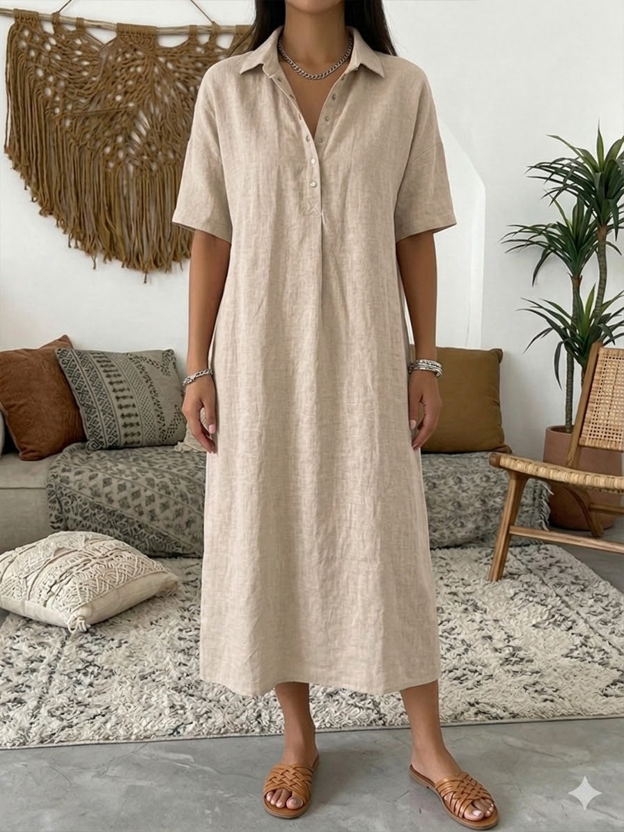 Women's Cotton Linen Polo Dress - Casual Short Sleeve Summer Dress