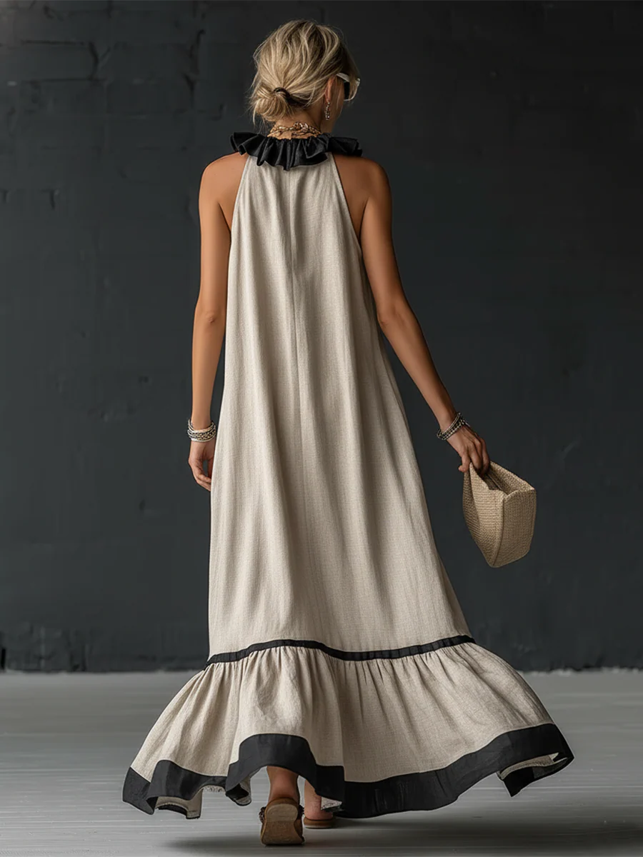 Women's Ruffled Color Block Maxi Dress - Elegant Romantic Summer Dress