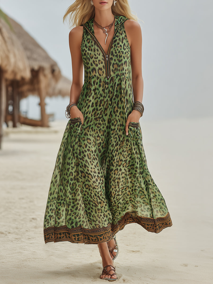 Women's Leopard Print Hooded Dress - Casual Midi Vacation Dress