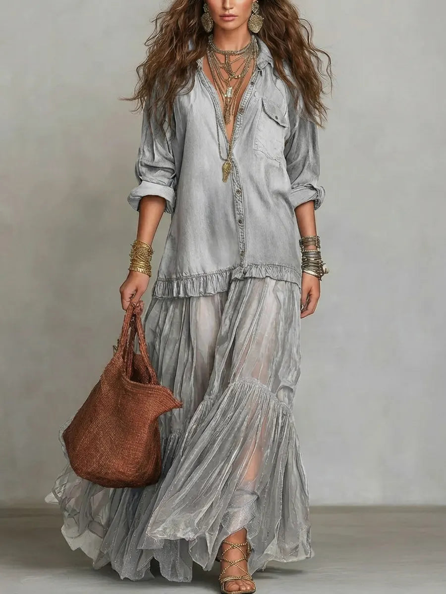 Women's Denim Patchwork Maxi Dress - Retro Organza Shirt Dress