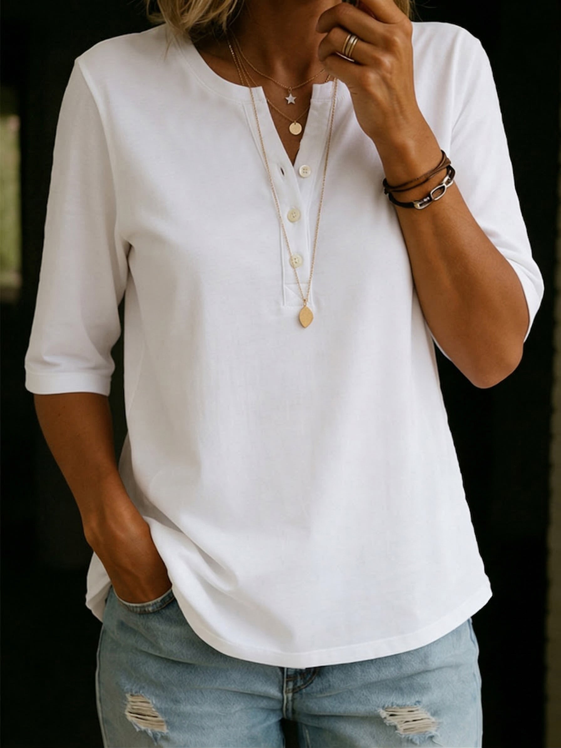 Women's Henley Cotton T-Shirt - Casual Everyday Summer Top