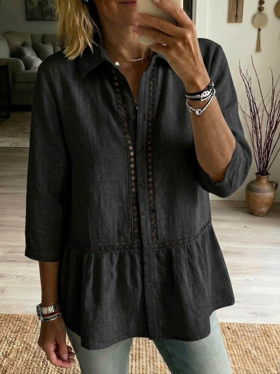 Women's Patchwork Linen Cotton Shirt - Casual Openwork Summer Blouse