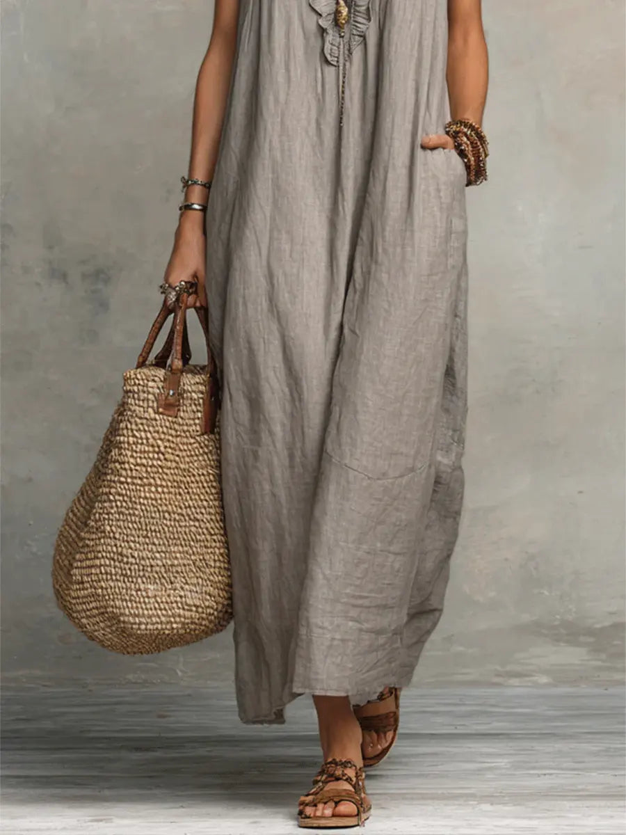 Women's Ruffled Cotton Linen Dress - Casual Summer Dress