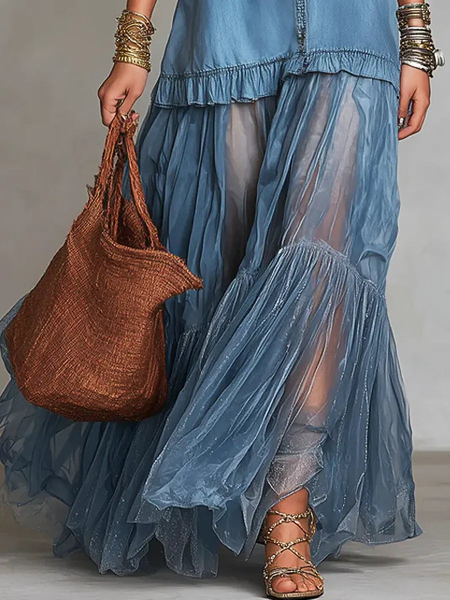 Women's Denim Patchwork Maxi Dress - Retro Organza Shirt Dress