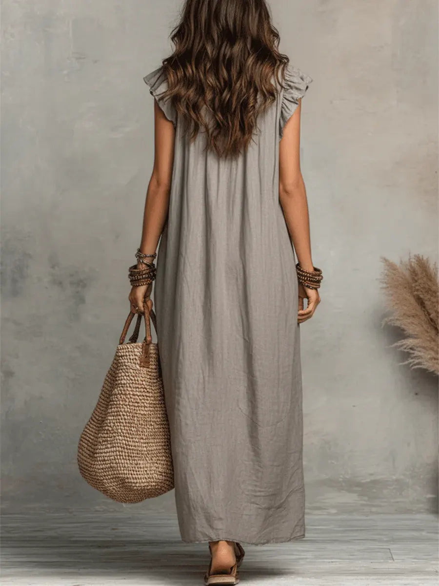 Women's Ruffled Cotton Linen Dress - Casual Summer Dress