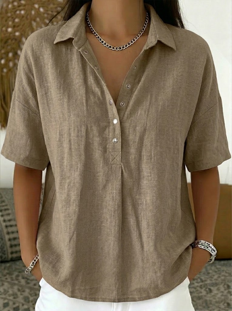 Women's Cotton Linen Polo Shirt - Casual Short Sleeve Summer Top