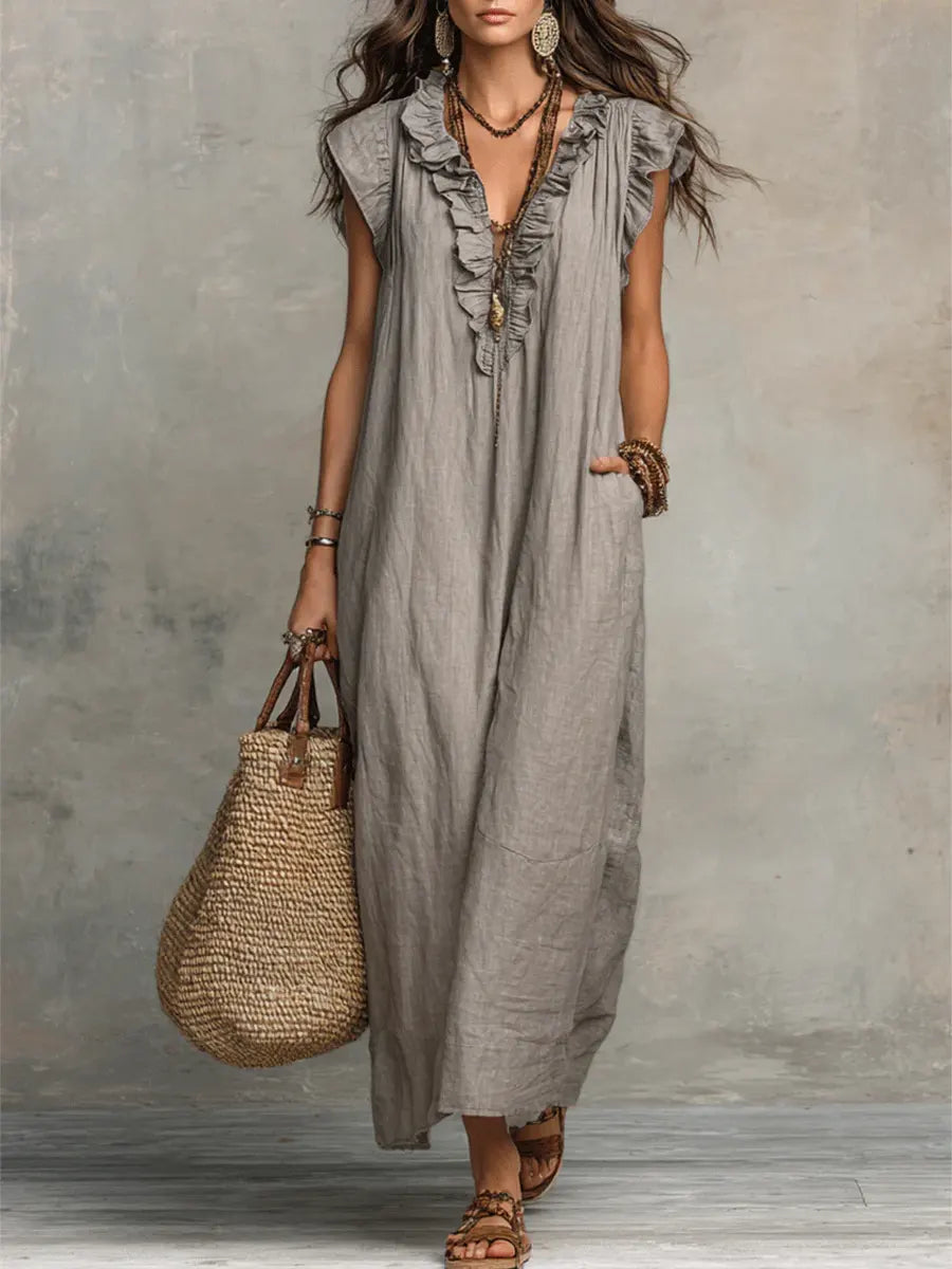 Women's Ruffled Cotton Linen Dress - Casual Summer Dress