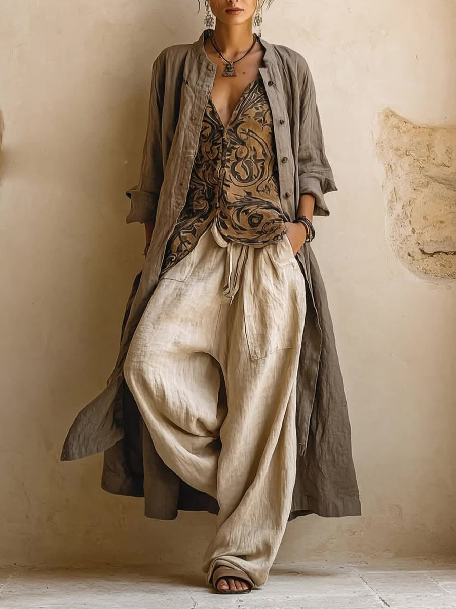 Women's Bohemian Linen Cotton Three-Piece Set - Casual Summer Outfit
