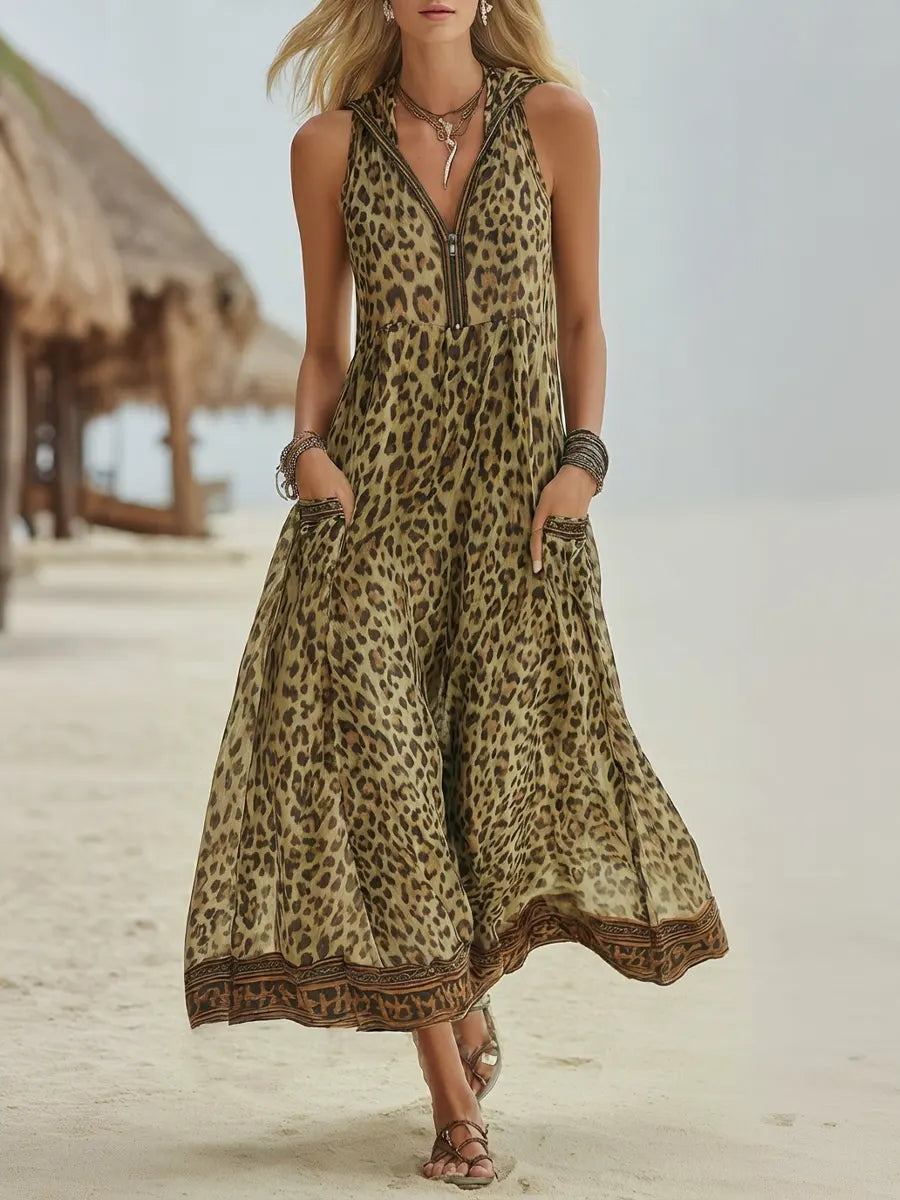 Women's Leopard Print Hooded Dress - Casual Midi Vacation Dress