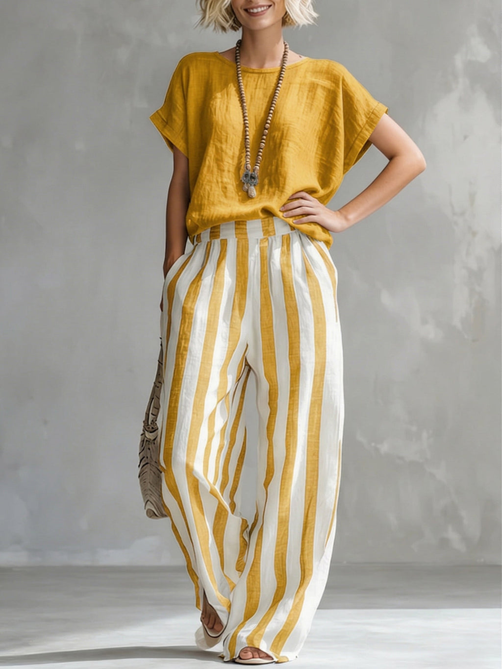 Women's Striped Cotton Linen Set - Casual Loose Two-Piece Outfit