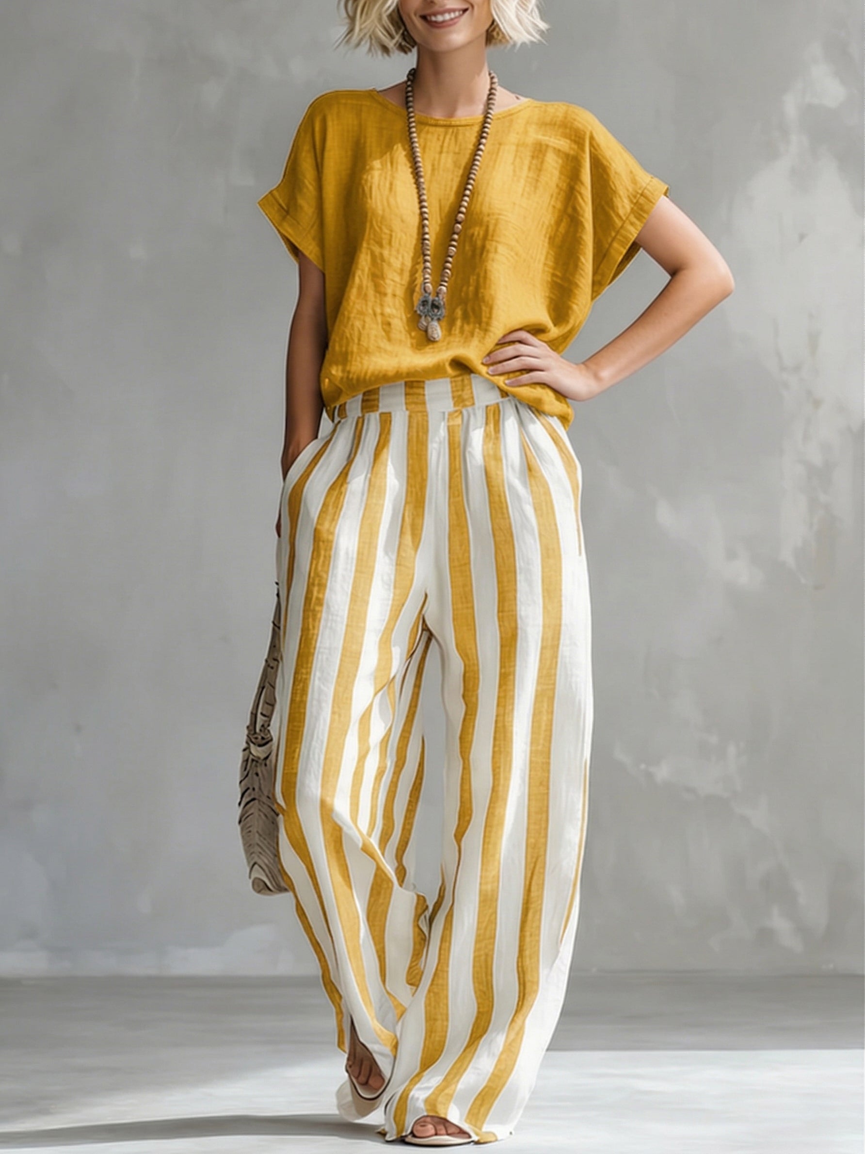 Women's Striped Cotton Linen Set - Casual Loose Two-Piece Outfit