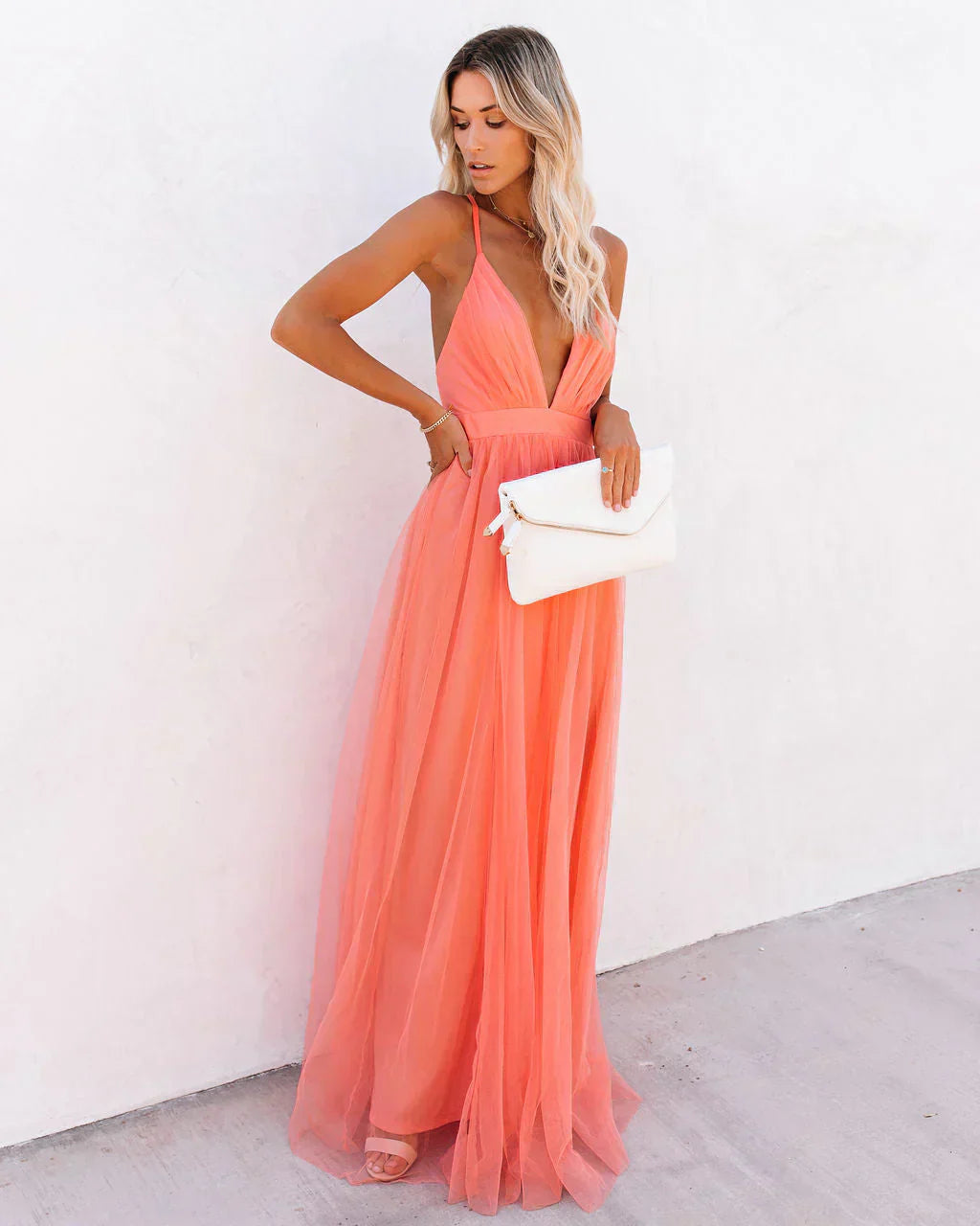 Women's Orange V-Neck Flared Wedding Guest Dress – Elegant Luxe Style