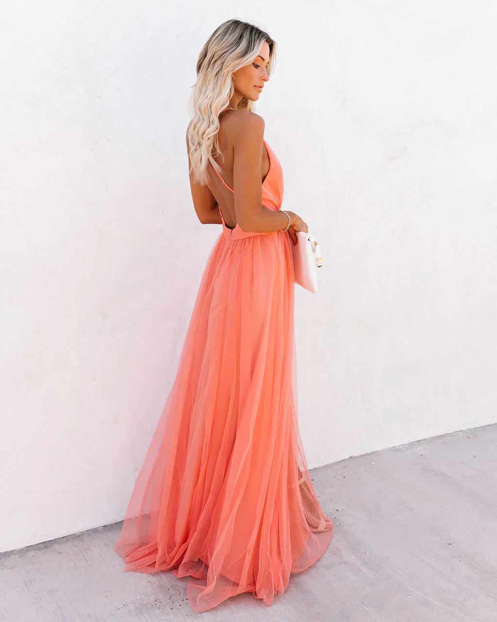 Women's Orange V-Neck Flared Wedding Guest Dress – Elegant Luxe Style