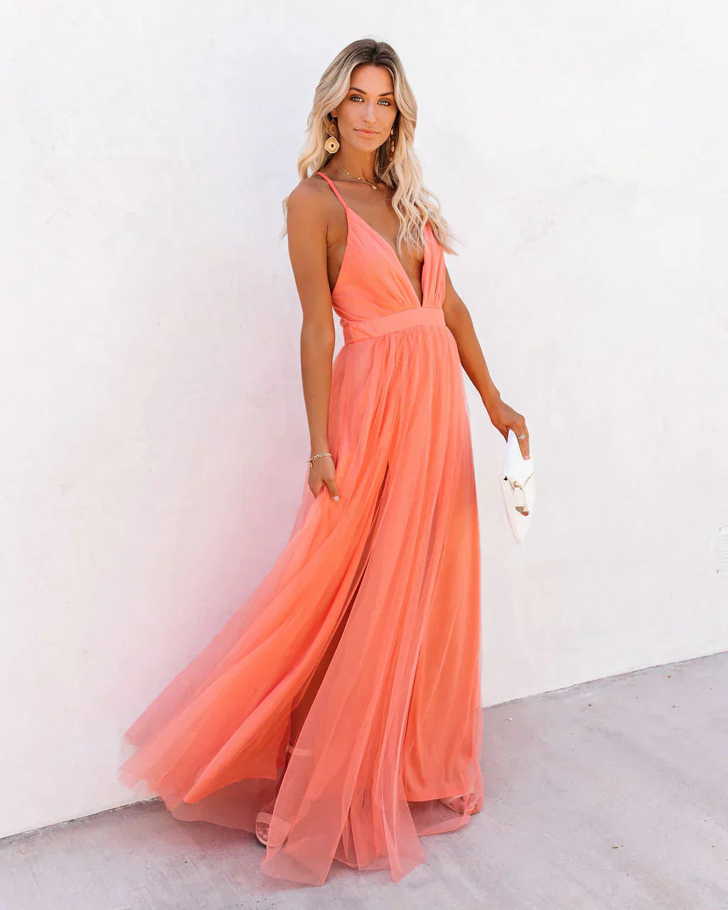 Women's Orange V-Neck Flared Wedding Guest Dress – Elegant Luxe Style