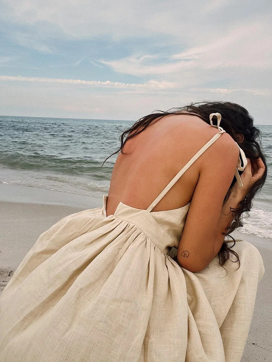 Women's Linen Maxi Dress – Sleeveless Open Back Flared Summer