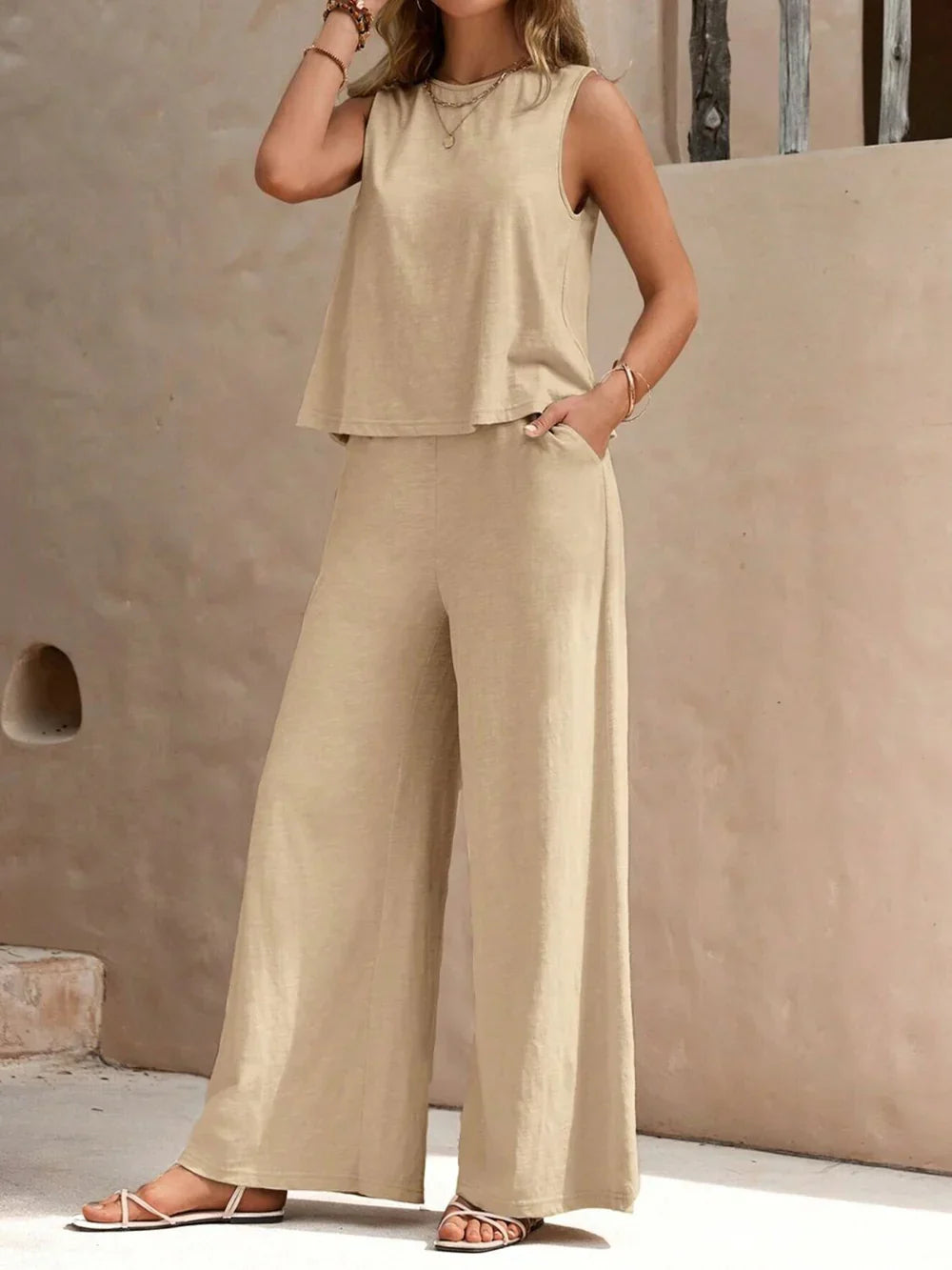 Women's Summer Two-Piece Set – Relaxed Top and Flowy Pants Style